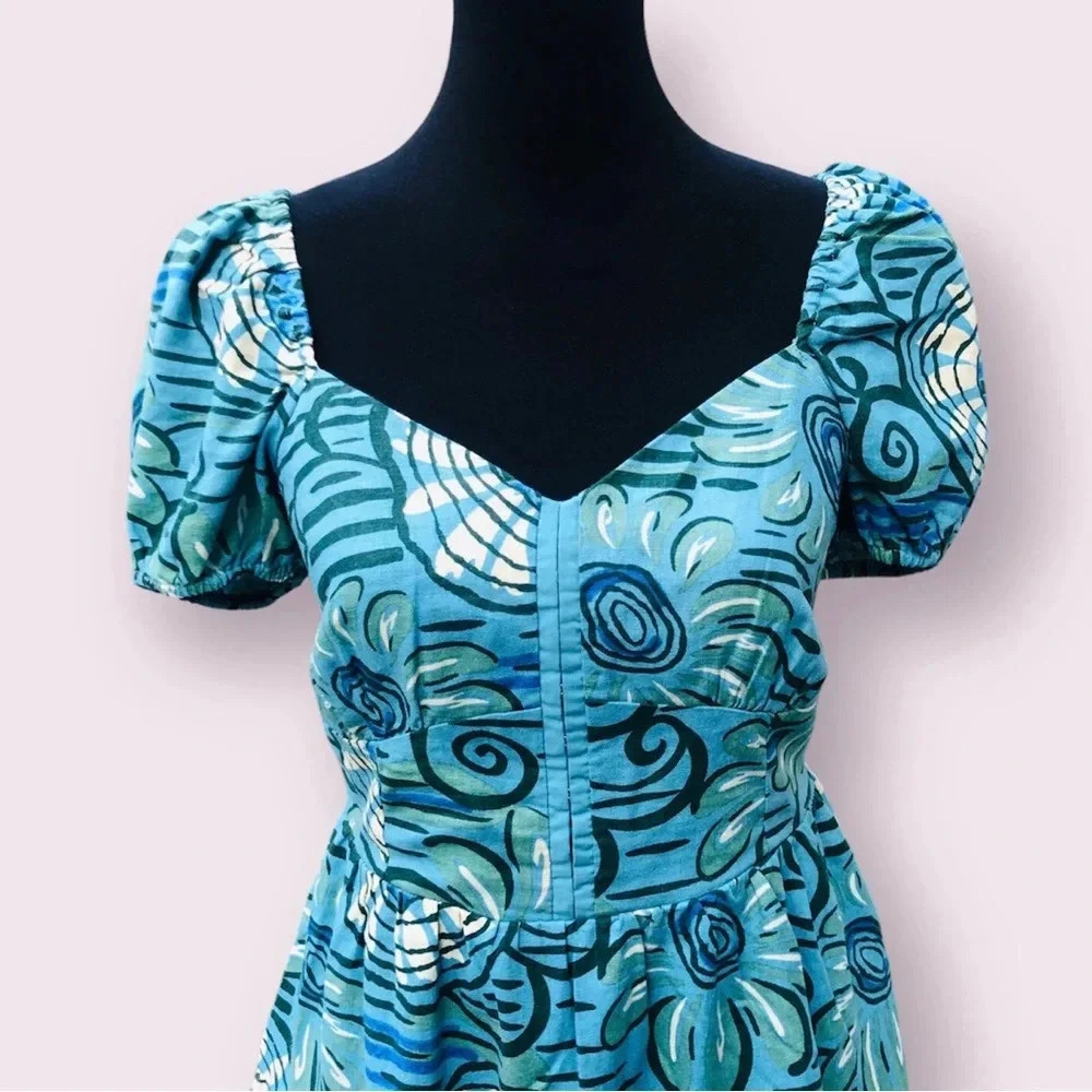 House of Harlow Babydoll Mini Dress Size Small Blue Linen Retro Puff Sleeve NWOT - Picture 2 of 10